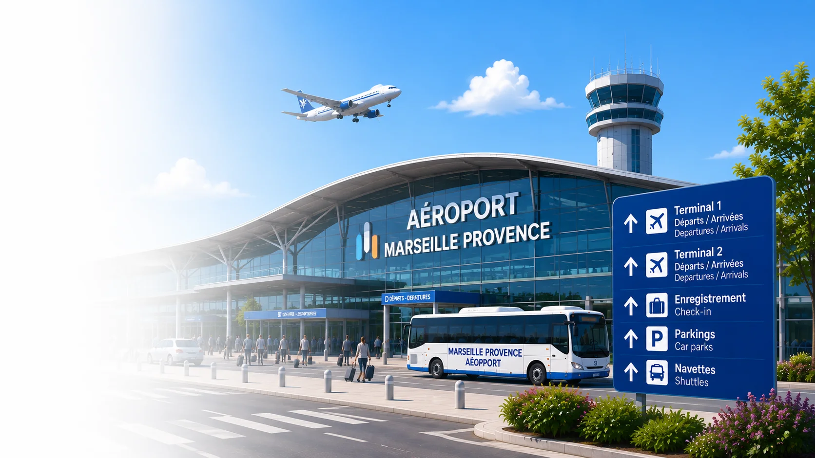 Ilustration de l'aéroport Marseille-Provence avec un avion qui vole en même temps.