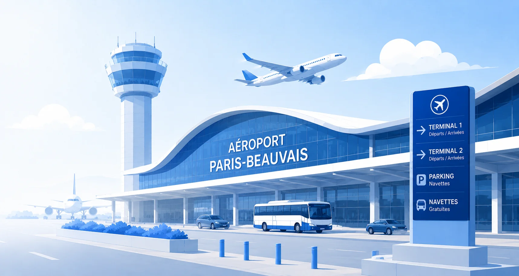 Illustration de l'aéroport de Beauvais avec un panneau de signalisation.