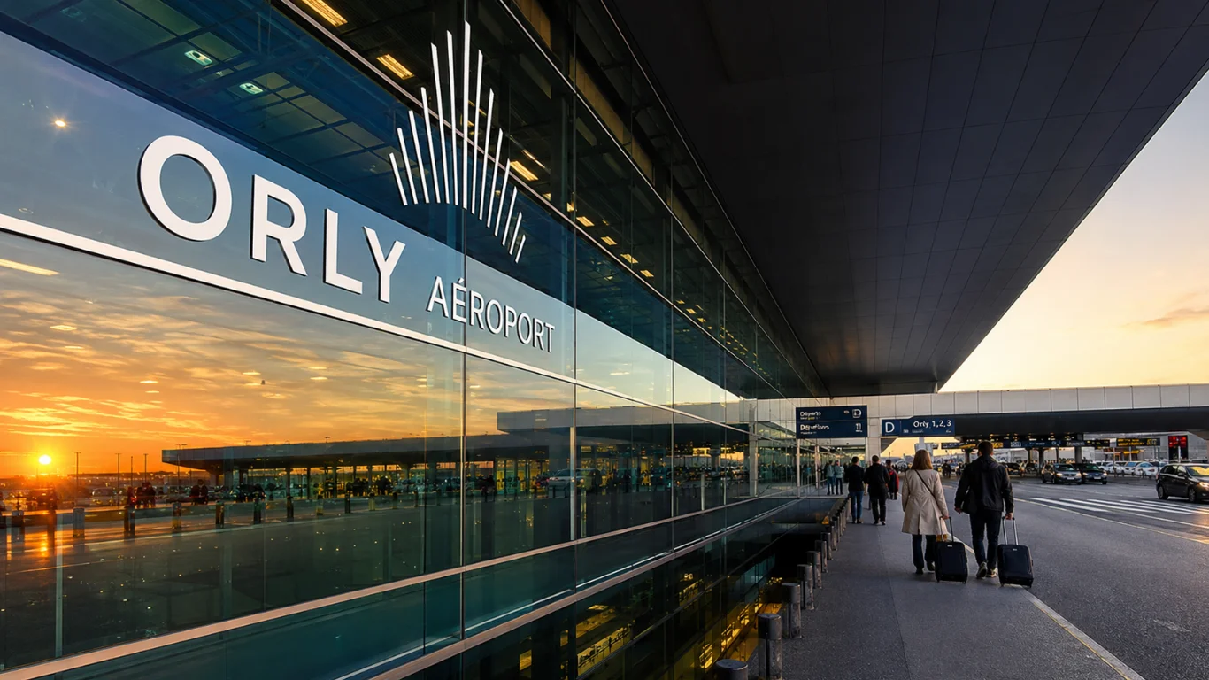Enseigne Orly Aéroport au coucher du soleil sur la façade vitrée du terminal.