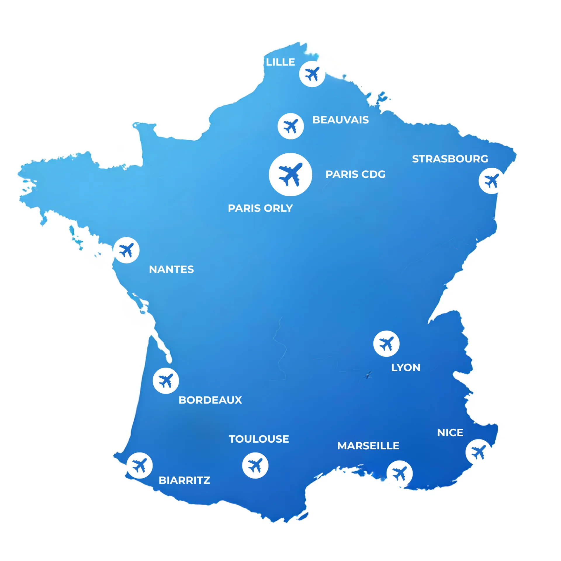 Carte de France des aéroports desservis par les parkings partenaires Privapark.