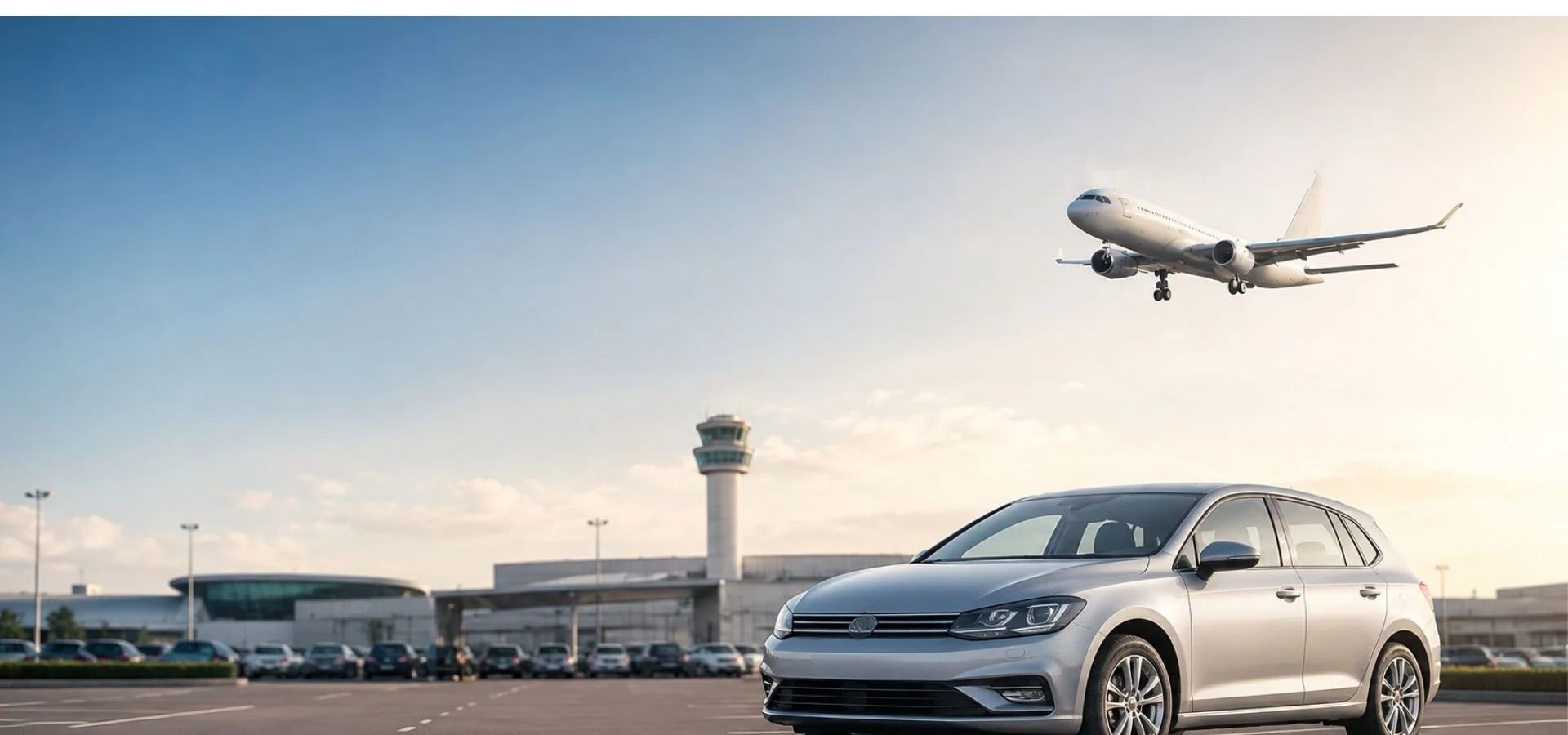 Voiture stationnée sur un parking d'aéroport avec un avion au décollage - Privapark