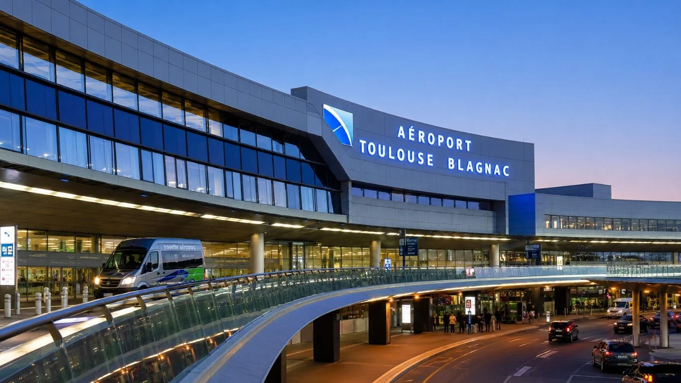 Façade illuminée du terminal de l'aéroport Toulouse-Blagnac (TLS) au crépuscule.