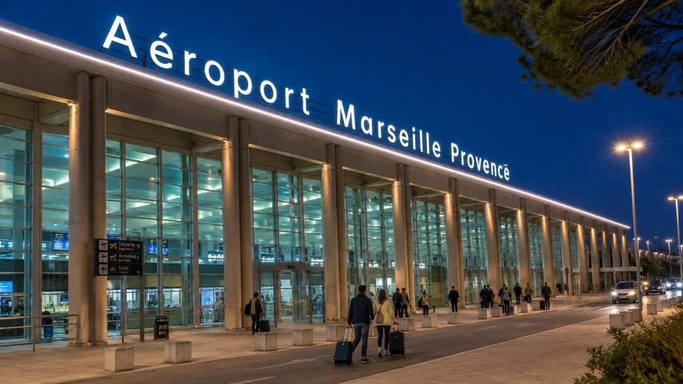 Façade vitrée illuminée de l'aérogare de l'aéroport Marseille Provence (MRS) de nuit.